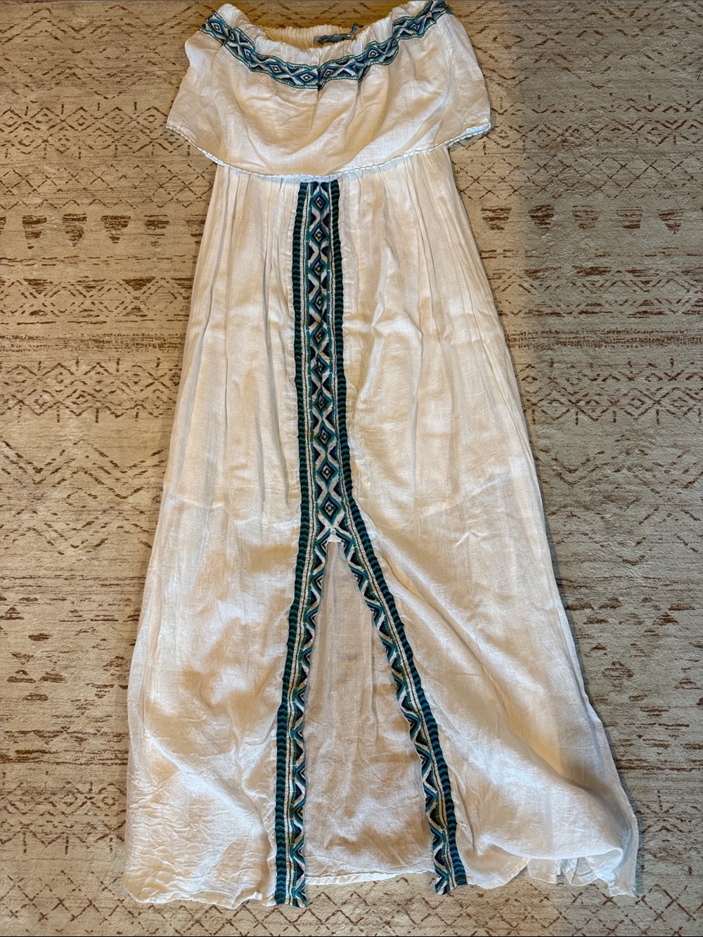 White Off-Shoulder Maxi Dress with Teal Embroidered Trim